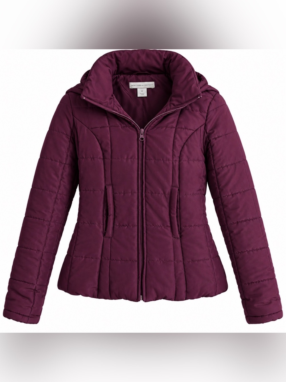 New York & Company XS Burgundy Plum Hooded Puffer Jacket Fitted Quilted Coat